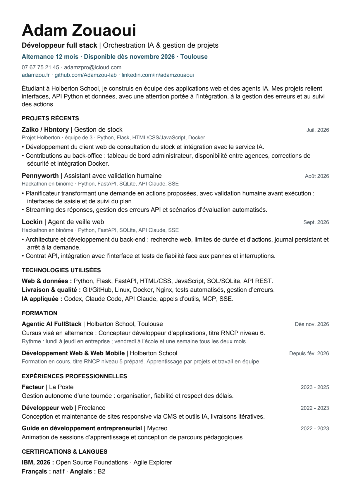 Aperçu du CV d’Adam Zouaoui : compétences, projets, formation et expérience. Le PDF contient le texte sélectionnable.